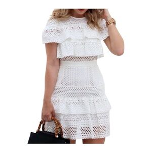 SELF PORTRAIT Off White Lace Cotton Mini Dress US 4
